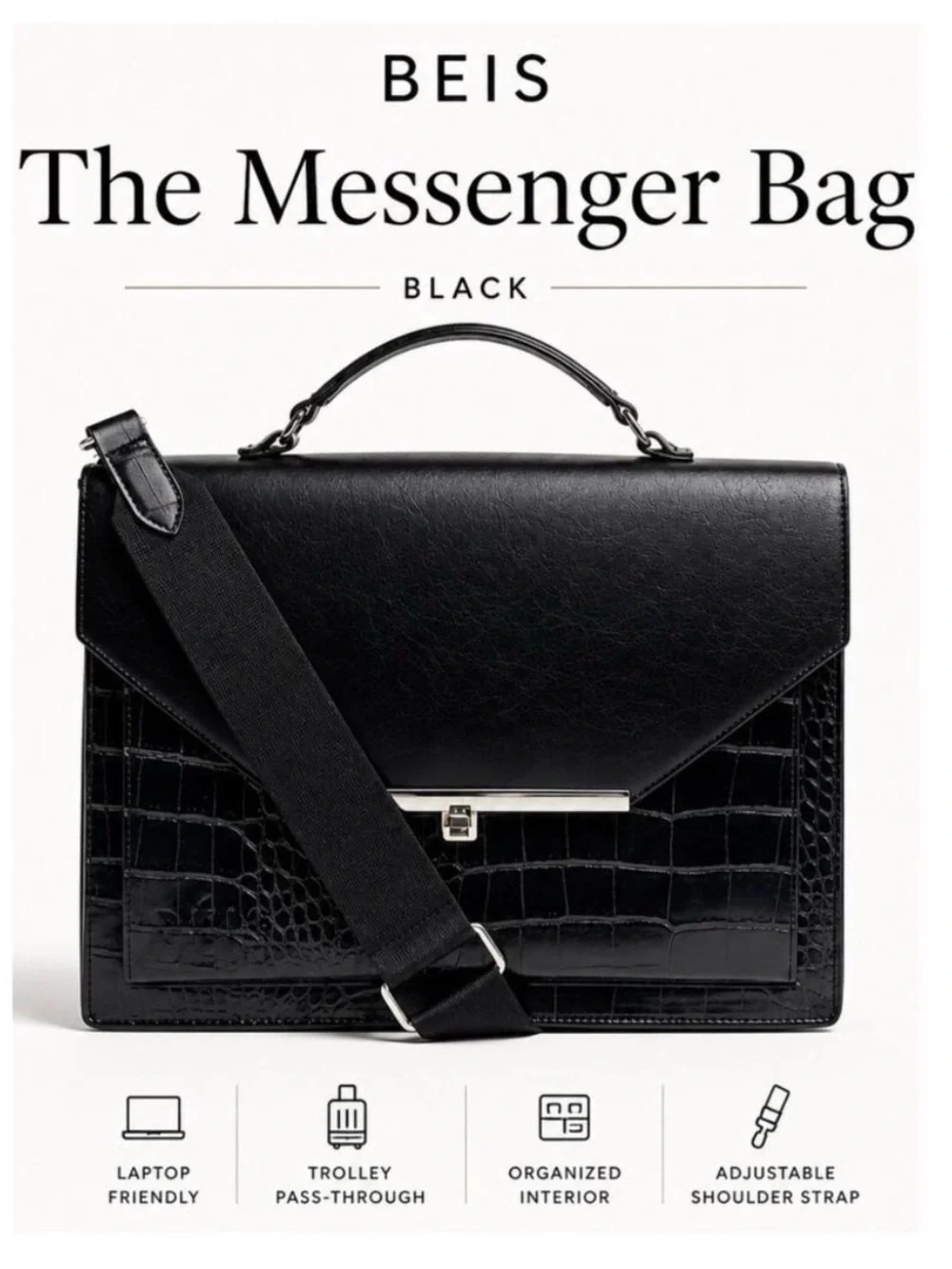 Brand New BEIS Black Croc-Accent Messenger Laptop Bag